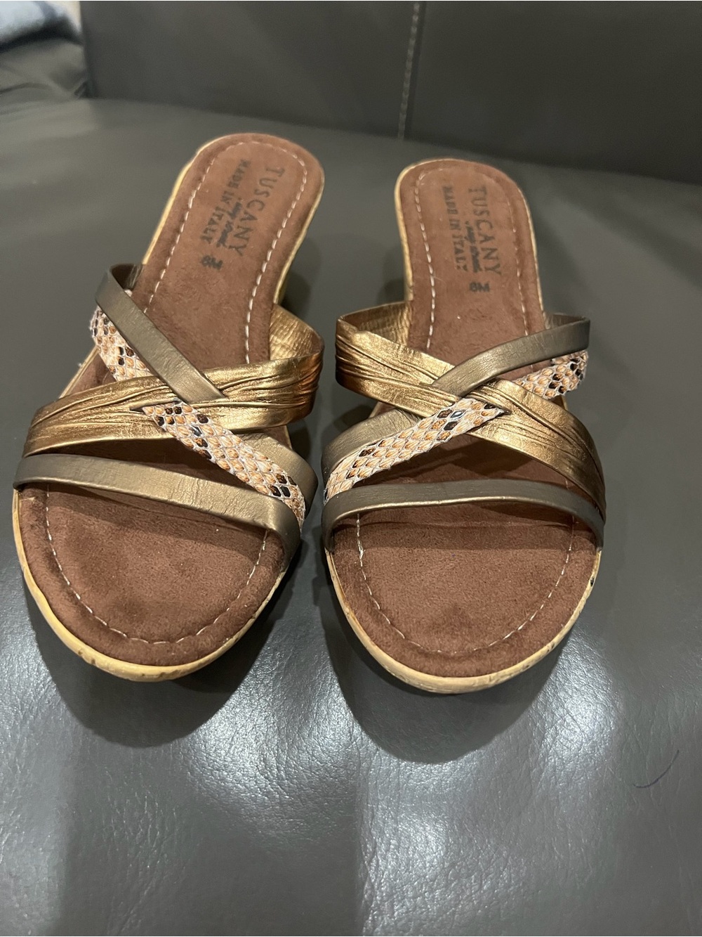 NEW Tuscany by Easy Street brown/bronze/snake skin pattern cork wedge, 8M size